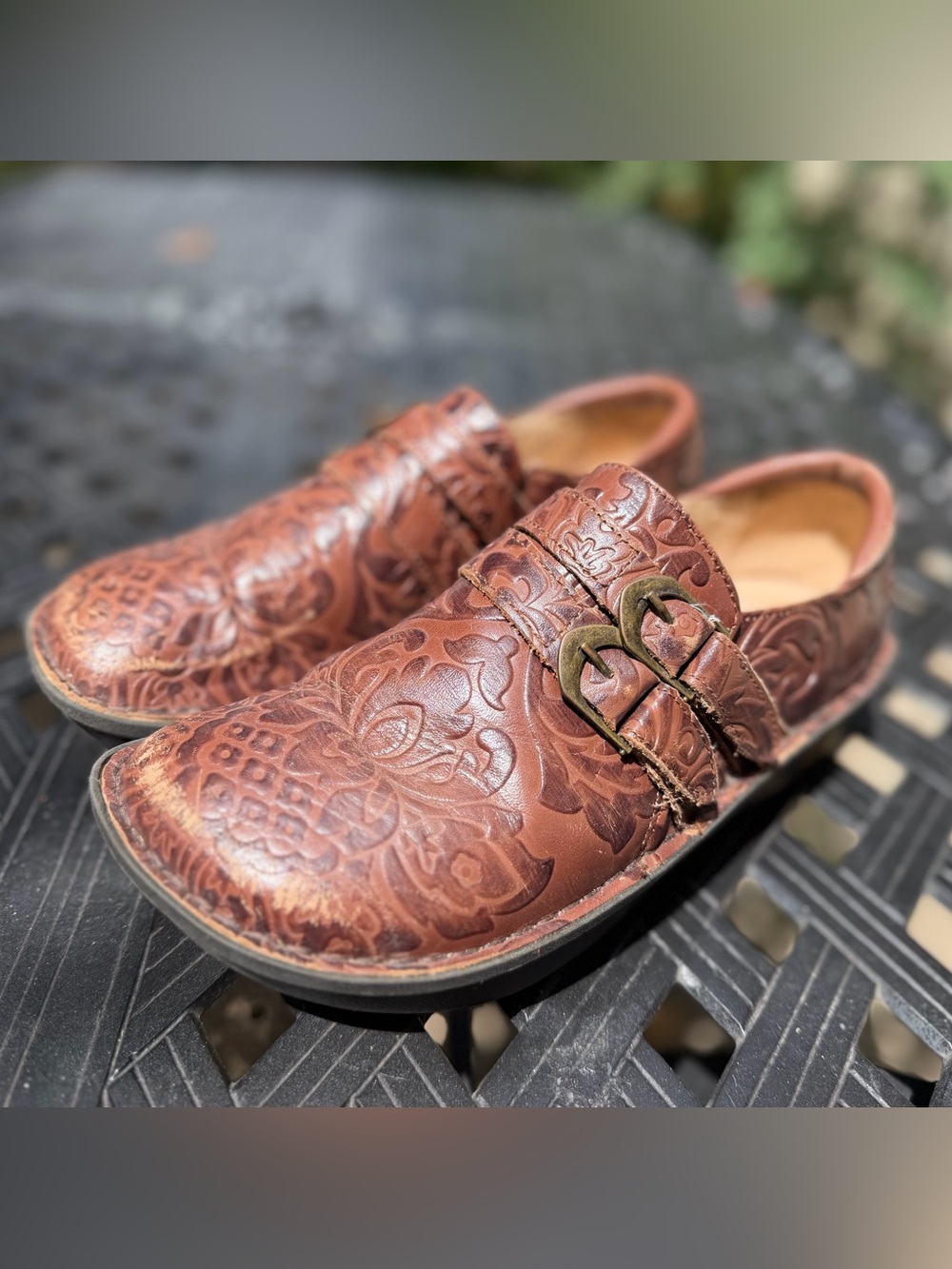 Algeria by PG Lite Women’s Brown Clogs with buckle and embossed detail